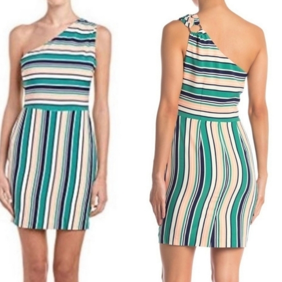 ✨3/$15  J by J.O.A. pink black navy blue striped one shoulder dress S - Picture 4 of 7